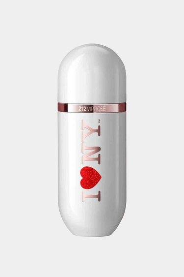 Carolina Herrera's 212 VIP Rosé perfume features a white, rounded bottle with a rose gold band and